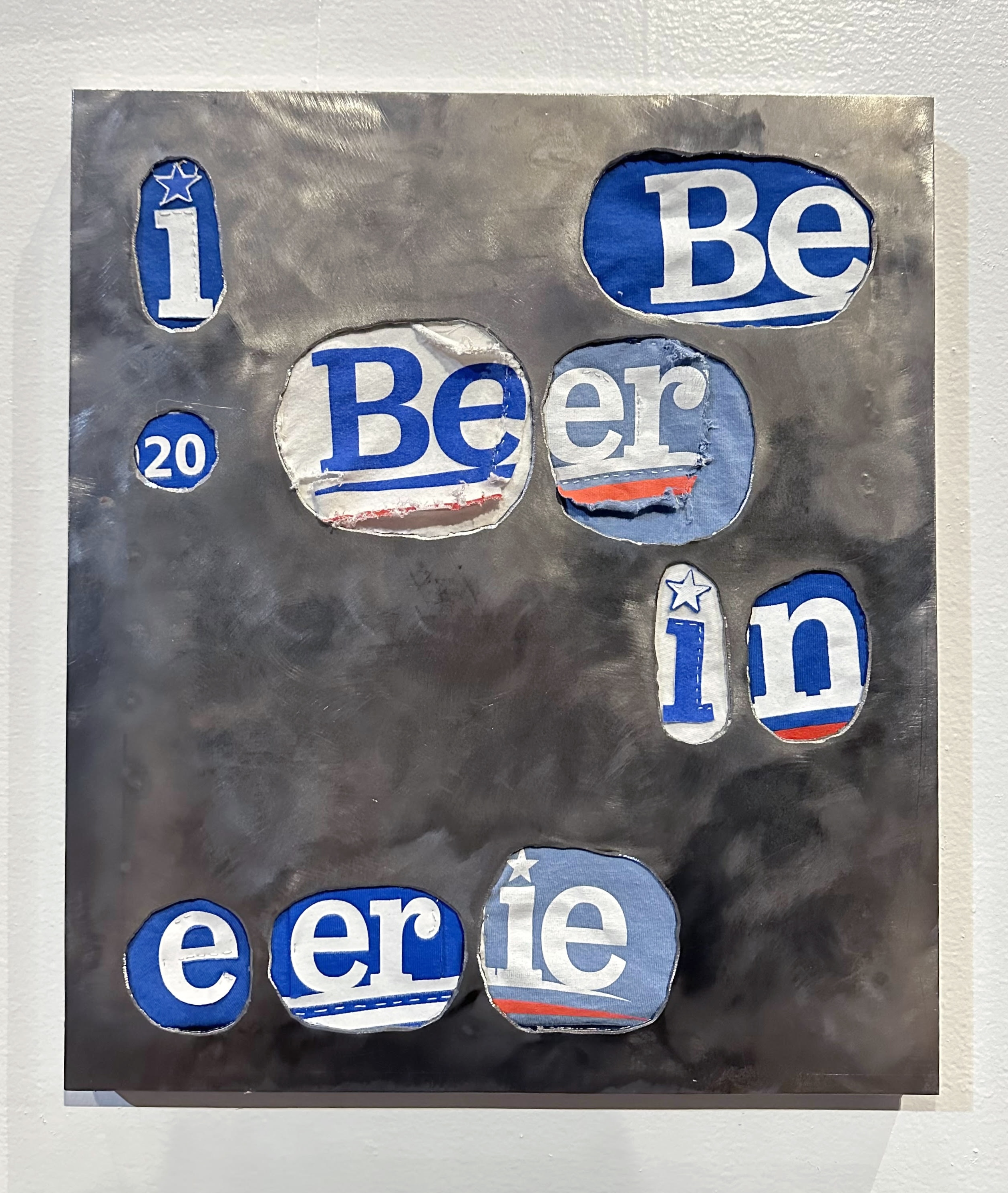 I Be Rn, 2026. Steel, Bernie Sanders 2020 t-shirts, canvas
