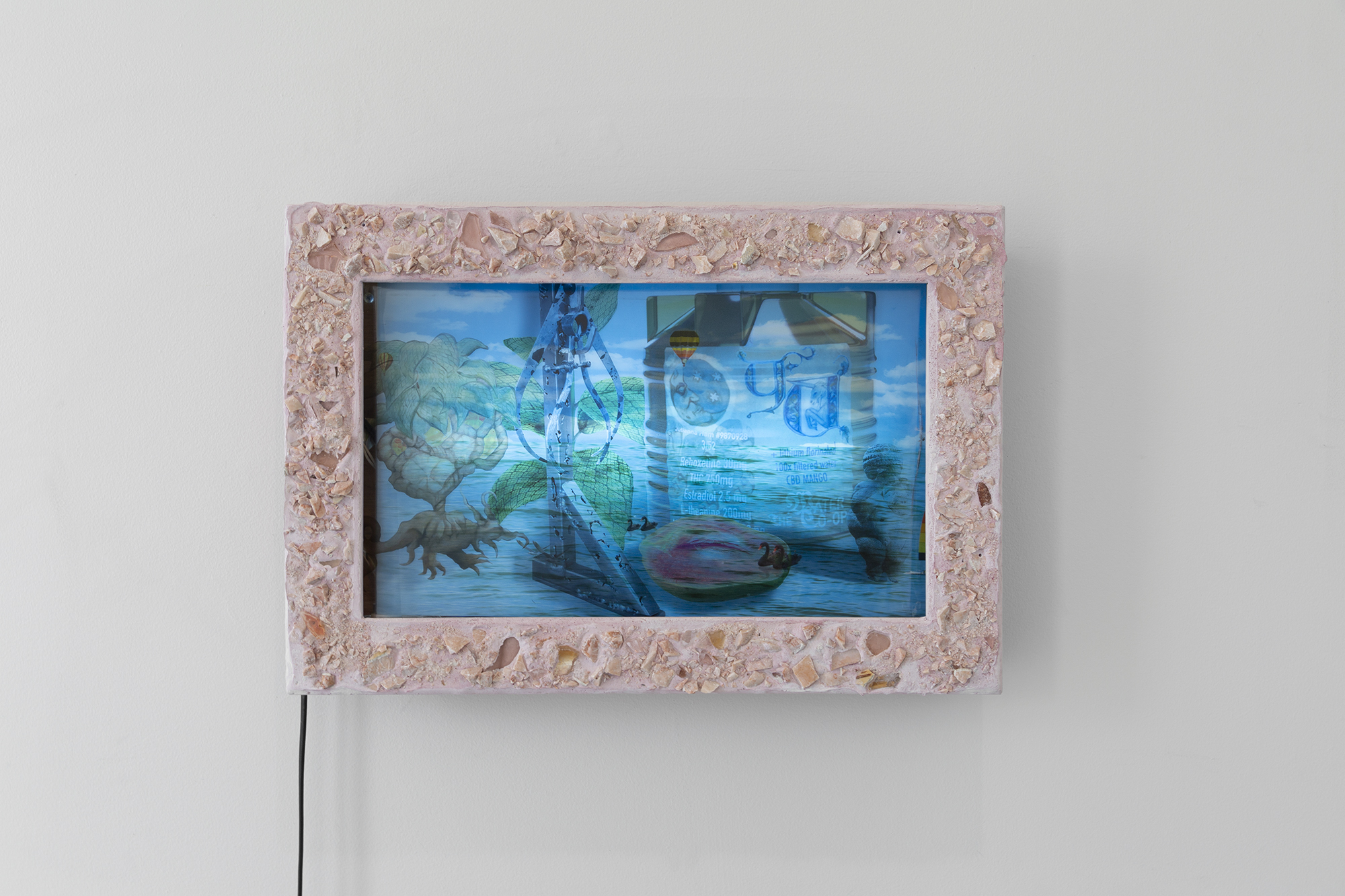 Still Life: Starterpack, 2022. Featured on Do Not Research, 2022. Inkjet print on transparency film, Rockite cement, pink marble, glass found in Dead Horse Bay, found lightbox with auditory and moving parts, plasma cut welded steel, oil on linen, oil on canvas, 3D rendering, found photographs